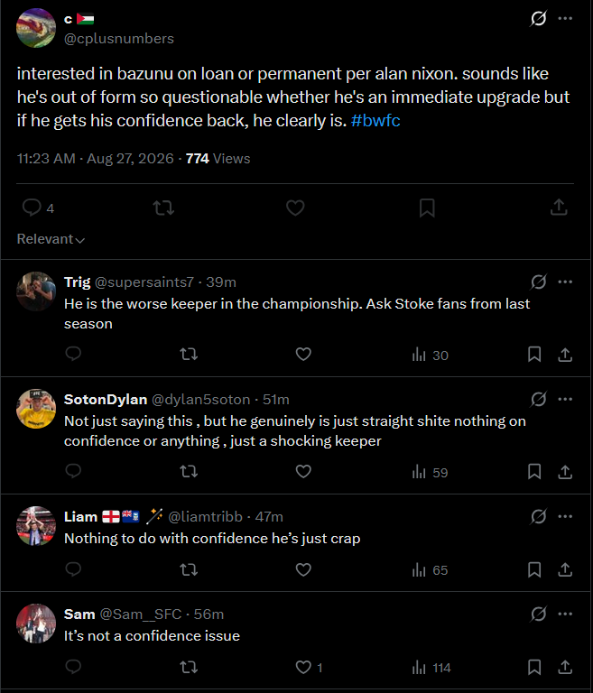 Tttrotterbwfc's tweet photo. Another scrap heap player 😂😂 Just look at the comments. Is it our goal to accumulate as many shit goalkeepers as possible? No doubt our mongy fans will see the fee Southampton paid for him and will automatically presume he's class. #bwfc #saintsfc #scfc https://t.co/Xgbaj65UnX