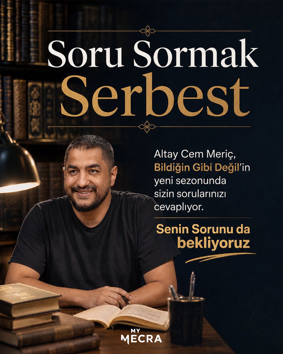 mymecra's tweet photo. Sevgili MyMecra Ailesi,

Dr. Altay Cem Meriç ile gerçekleştirdiğimiz “Bildiğin Gibi Değil” programımızın ilk sezonunda gösterdiğiniz muazzam ilgi ve yüz binlerce izlenme için her birinize gönülden teşekkür ederiz. 🙏✨

Şimdi, çok daha güçlü, çok daha derin ve ezber bozan bir 2. Sezon için kolları sıvadık! 🚀

Ancak bu sezon bir farkımız var: Stüdyoda konuşulacak soruları size bırakıyoruz. Günlük hayatınızda karşılaştığınız, sosyal medyada önünüze düşen deizm/ateizm iddialarına karşı cevap aradığınız ya da kader, kötülük problemi, bilim-vahiy uyumu gibi konularda “Altay Hoca bu konuda ne düşünüyor? / Bu işin doğrusu ne?” dediğiniz tüm soruları bize iletebilirsiniz.

Sorularınızı;
💬 Bu gönderinin altına YORUM olarak bırakabilir,
✉️ Sosyal medya hesaplarımızdan DM yoluyla gönderebilir,
📧 Ya da mymecra@gmail.com adresimize mail olarak ulaştırabilirsiniz.

“Bildiğin gibi değil” demeye, doğru bilinen yanlışlarla yüzleşmeye ve sorgulamaya hazır mısınız? Sorularınızı sabırsızlıkla bekliyoruz! 👇

Gelin, beraber yürüyelim...
