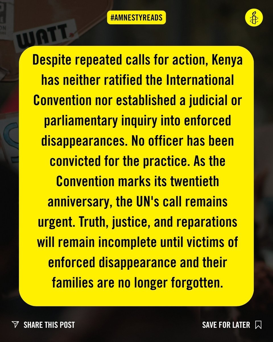 AmnestyKenya's tweet photo. As the world marks the #InternationalDayoftheVictimsofEnforcedDisappearances on #AmnestyReads, @irunguhoughton argues that justice cannot be complete while survivors and their families remain excluded from efforts to deliver truth, accountability, and redress.
Despite verified cases, court rulings, and public commitments to address past abuses, many victims of enforced disappearances are still waiting for recognition, reparations, and justice.
Read the full article via the link; https://t.co/xj4RDO6Psg
#EndEnforcedDisappearance #HakiKwaWote