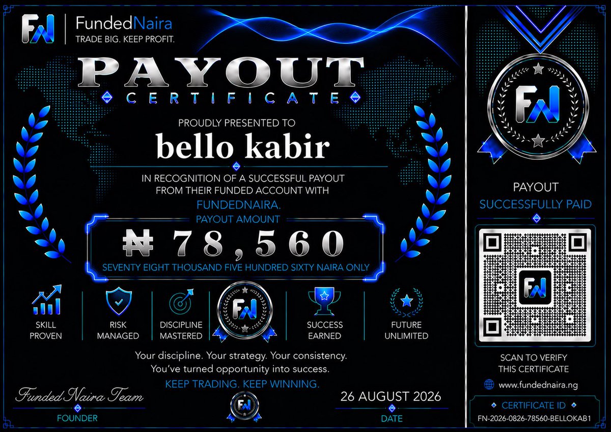 FundedNair8's tweet photo. 💸 ANOTHER FUNDEDNAIRA PAYOUT! 🎉

Another trader has successfully received their FundedNaira payout! ✅💙

This is what we love to see — traders putting their skills to work and getting rewarded. 📈💰

👏 Congratulations to our trader on this achievement!

More traders. More opportunities. More payouts. 🚀

💙 FundedNaira — We Fund. You Trade. We Pay.