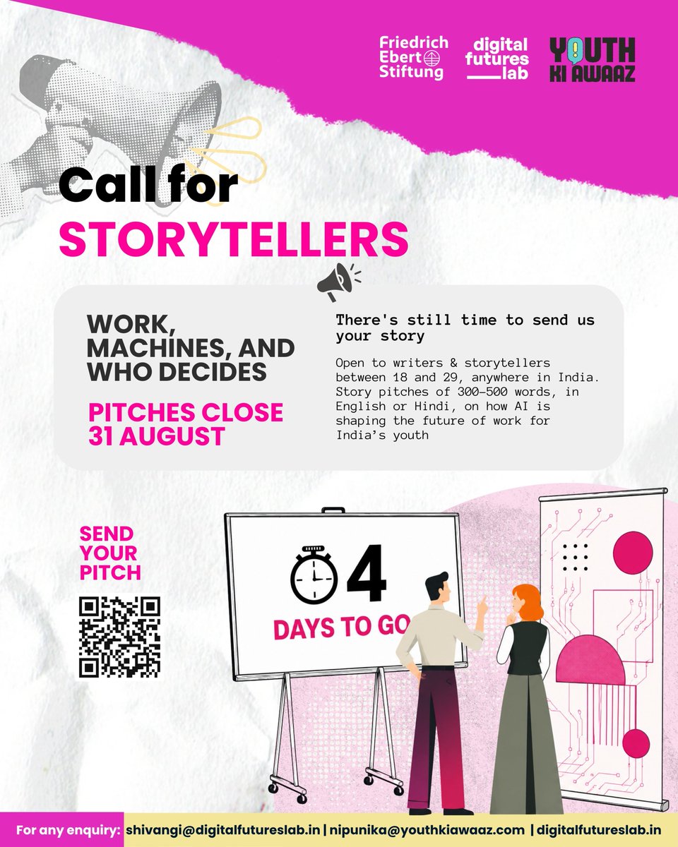 DigiFuturesLab's tweet photo. Deadline coming up. DFL &amp; @YouthKiAwaaz, with @FESonline, invite stories on AI and work. Draw from your life or work around you, from being scored by a machine to a parent’s job, local shop or delivery rider changed by tech.

Pitches close 31 Aug. Details: https://t.co/GEF2qslcyQ https://t.co/jpfQYIOFyR
