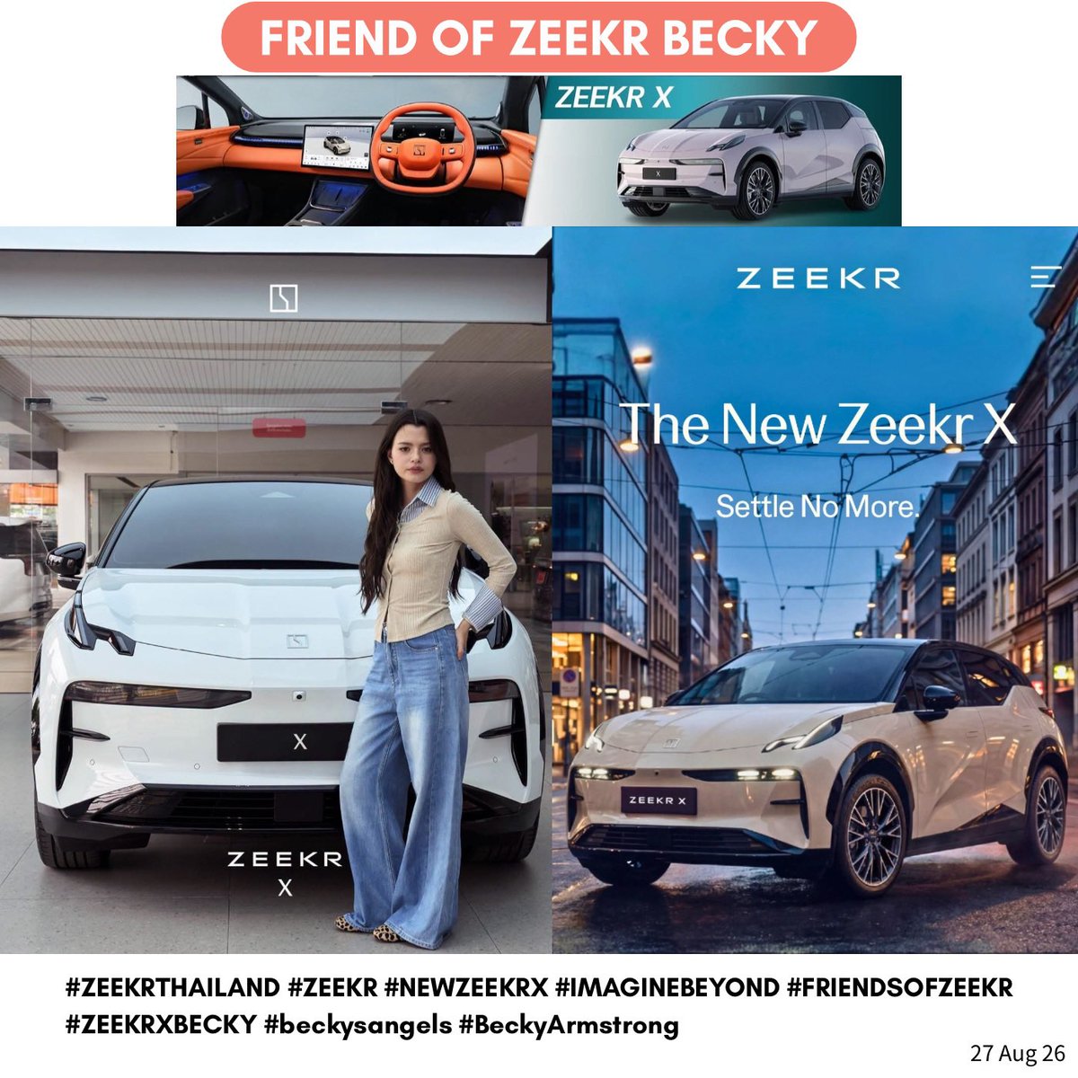 MaeNongB_TH's tweet photo. 🎉 Friend of @zeekrthailand @AngelssBecky 
🚘 New ZEEKR X 2026 

#ZEEKRTHAILAND #ZEEKR #NEWZEEKRX #IMAGINEBEYOND
#FRIENDSOFZEEKR #ZEEKRXBECKY
#beckysangels #BeckyArmstrong @beckyentofc 

[AI] 
Stand Out in Every Drive

A new chapter in life can change as many times as you want, but when it comes to Becky Rebecca’s style, it has to be ZEEKR as always.

“Becky Rebecca,” Friends of ZEEKR, takes another step that boldly reflects her individuality, alongside her new partner—the New ZEEKR X. With its cutting-edge design and vibrant colors, it was made for those who dare to be themselves in every dimension.

Because life has many chapters, but every chapter can always be Your Way.

Unlock your personal style with the New ZEEKR X and become part of the ZEEKR family today at ZEEKR House nationwide.