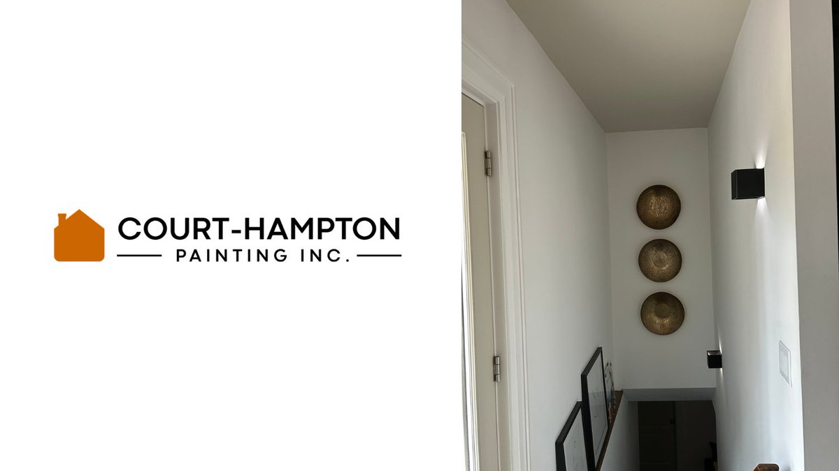 CHPaintingInc's tweet photo. Colour capping this ceiling in a narrow high stairwell takes skilz🔥!! 
Court-Hampton Painting colour capped this ceiling (painted the ceiling darker than the walls) in Benjamin Moore Natural Cream, all while keeping the paint lines laser sharp and staying safe! https://t.co/IggVTjl9NM