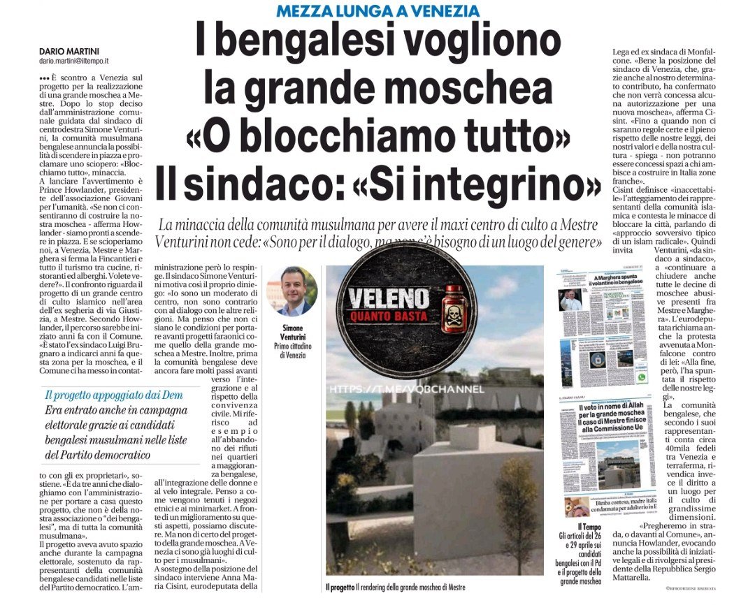 LadyAfro17's tweet photo. 27 agosto 2026, Italia
ADESSO GLI INVASORI FANNO PURE LA VOCE GROSSA
(il Tempo)
Tensioni a #Mestre : la comunità bengalese annuncia lo sciopero generale e il blocco di cantieri, ristoranti e turismo se il Comune non autorizzerà la realizzazione di una grande moschea.
Il sindaco #Simone_Venturini respinge con fermezza il progetto faraonico, sostenendo che prima di costruire strutture mastodontiche occorra concentrarsi sull'integrazione, sul rispetto delle regole e sulla coesistenza civile.
Il dibattito politico si infiamma anche alla luce delle posizioni passate e del coinvolgimento di candidati della comunità nelle liste del #PD, mentre sul territorio resta aperto lo scontro tra la richiesta di un nuovo mega centro di culto — a fronte di spazi già esistenti — e il no rigido della giunta a quelli che definisce veri e propri ricatti alla città.
#27agosto #Italia #UE
#EU #UUEE #EurasiaNews
#Islamismo #Moschea #Venezia
#EurasiaNews #dem #sciopero
https://t.co/0F9FVGUMCY