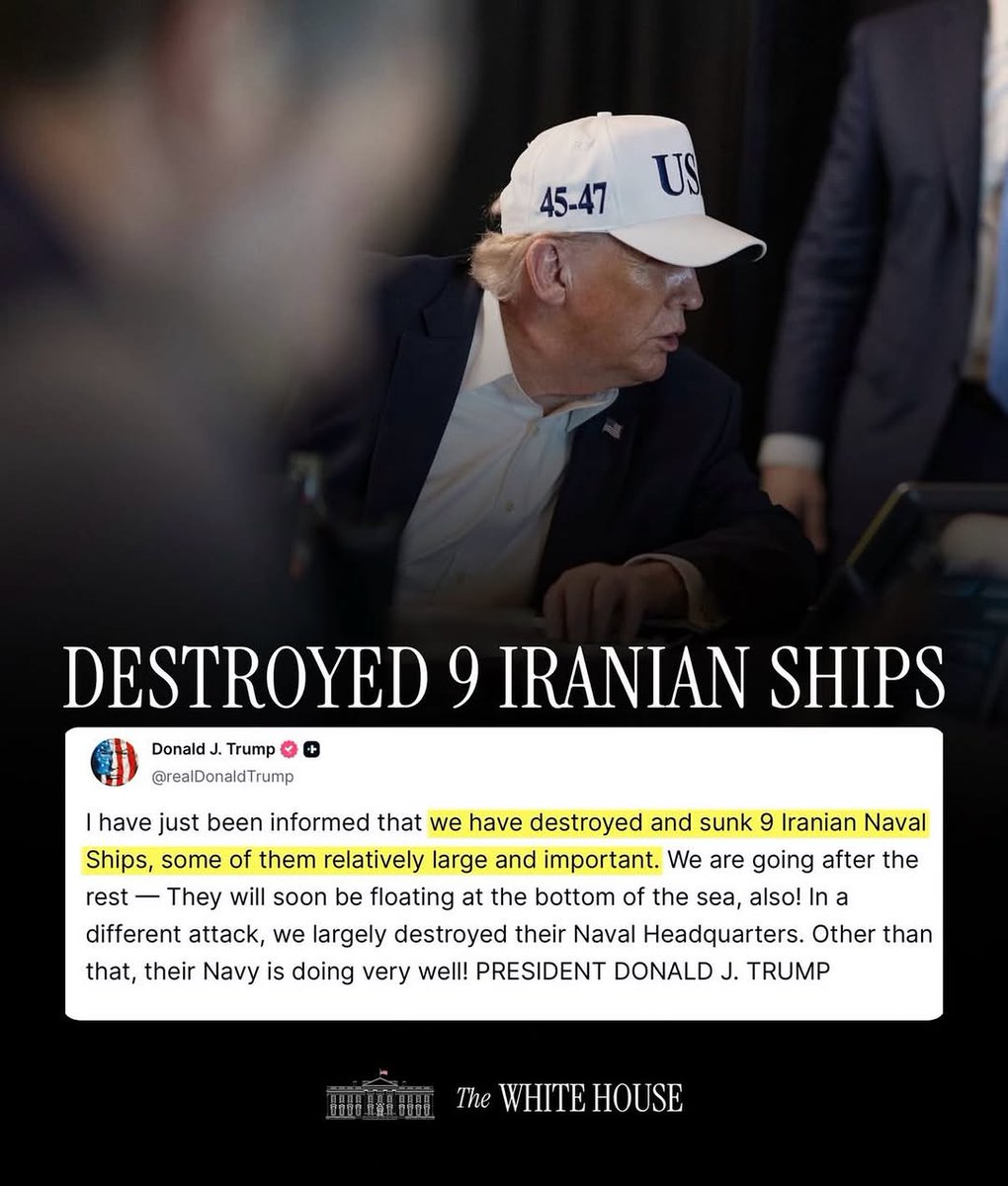 pimentar7's tweet photo. I have just been informed that we have destroyed and sunk 9 Iranian Naval Ships, some of them relatively large and important. We are going after the rest — They will soon be floating at the bottom of the sea, also! In a different attack, we largely d... https://t.co/VtwuazIL1G