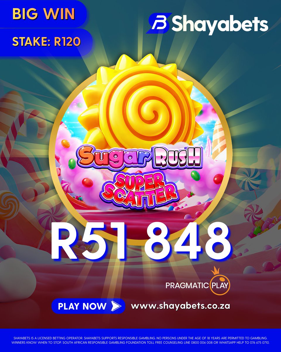 Shayabets's tweet photo. 🔥🍬 SUGAR RUSH SUPER SCATTER = BIG WIN! 🍬🔥

R120 stake → R51,848 payout! 💰🍭

One spin. One massive sugar rush. One unforgettable win! 🎰🔥

Could YOU be next? 💸

Play to WIN with Shaya 👉🏽 https://t.co/wHBIUfSIEB

#ShayaBets #OnlineBetting #BigWin #PragmaticPlay https://t.co/GvazbCl1hv
