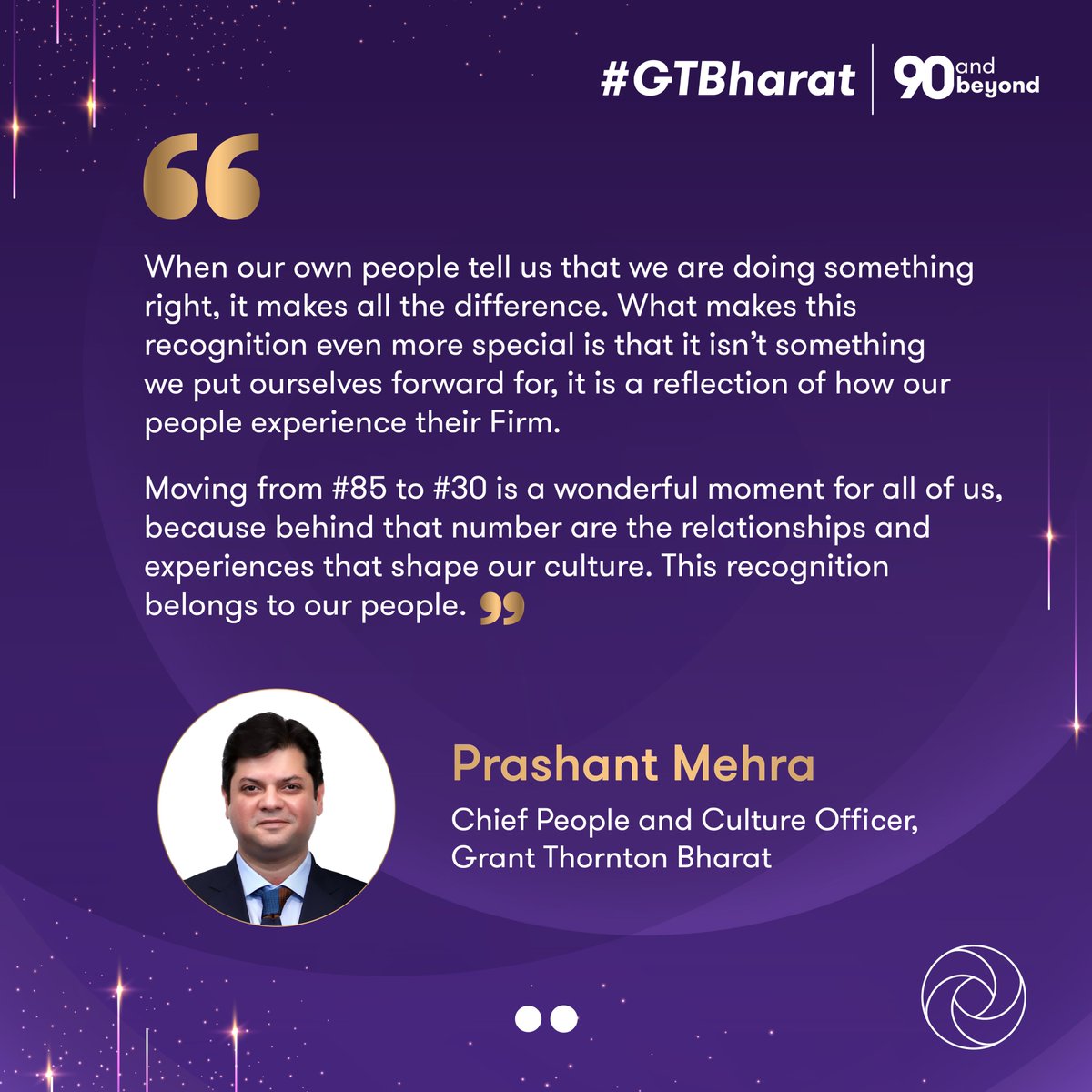 GrantThorntonIN's tweet photo. We are delighted to share that #GTBharat has been recognised by TIME × Statista as one of India’s Best Employers 2026, ranked #30 nationwide, up from #85 last year. #GTBharat is the only professional services firm in India's Top 50 organisations. 
#IndiasBestEmployers2026 https://t.co/ZBajIMPvvI