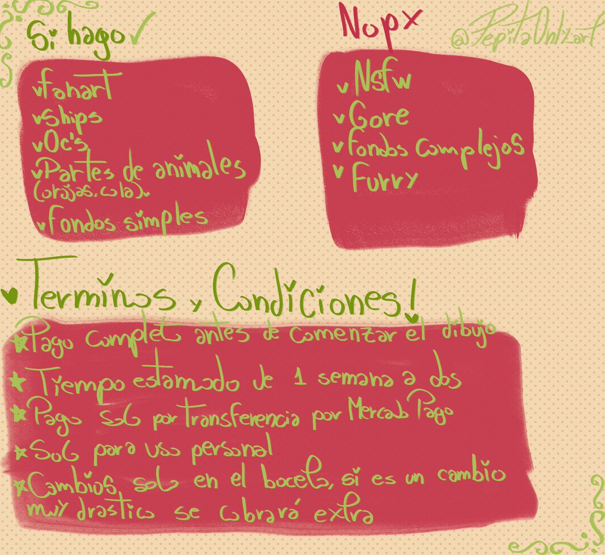 pepitaOnly_art's tweet photo. 🎨✨ ¡COMISIONES ABIERTAS! ✨🎨

🇦🇷 Comisiones disponibles únicamente para Argentina.

Toda la info, precios y condiciones están en la imagen 💗

📩 DM si estás interesado/a.
🔄 Compartir también ayuda muchísimo 🫶

#CommissionOpen #CommsissionArt #animeArt #ComisionesArgentina https://t.co/hO4fSHmQBo