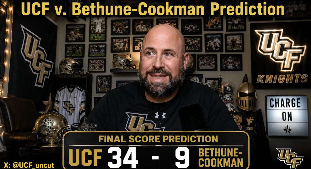 UCF_uncut's tweet photo. UCF 34 - Bethune-Cookman 9. What is your final score prediction? 
#UCF #Bethune #Week1 https://t.co/4P6eCjixz5