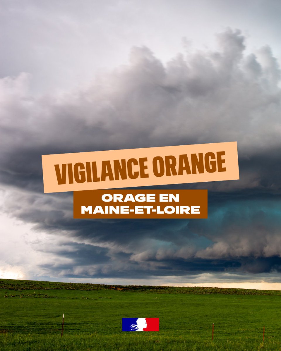 Prefet49's tweet photo. ⚠️ Vigilance météo | #Orages et #vents violents
🟠 Le Maine-et-Loire est en #vigilance orange orages dès 14h.
⛈️ Risques : fortes pluies, grêle, activité électrique et rafales jusqu’à 100 km/h.
⚠️ Après les intempéries d’hier, soyez vigilants à proximité des arbres. https://t.co/mbb6et2vLi