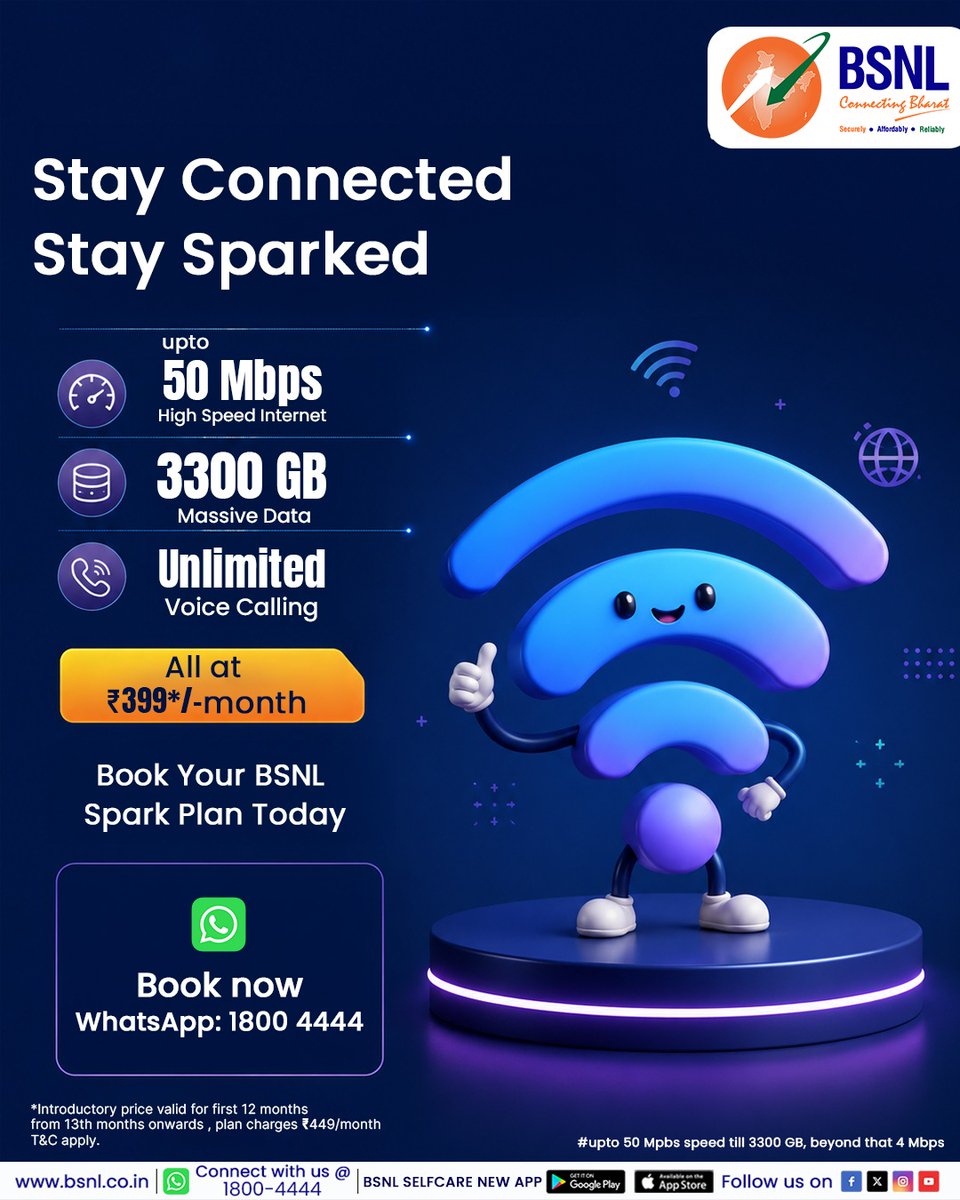 BSNLCorporate's tweet photo. Spark up your mobile experience with BSNL’s ₹399 plan.

#BSNLIndia #InternetForEveryone #DigitalLife #IndiaOnline #BSNLServices #SmartIndia #EverydayConnectivity #399plan @CMDBSNL @robertravi21 https://t.co/U4fTFci2jx