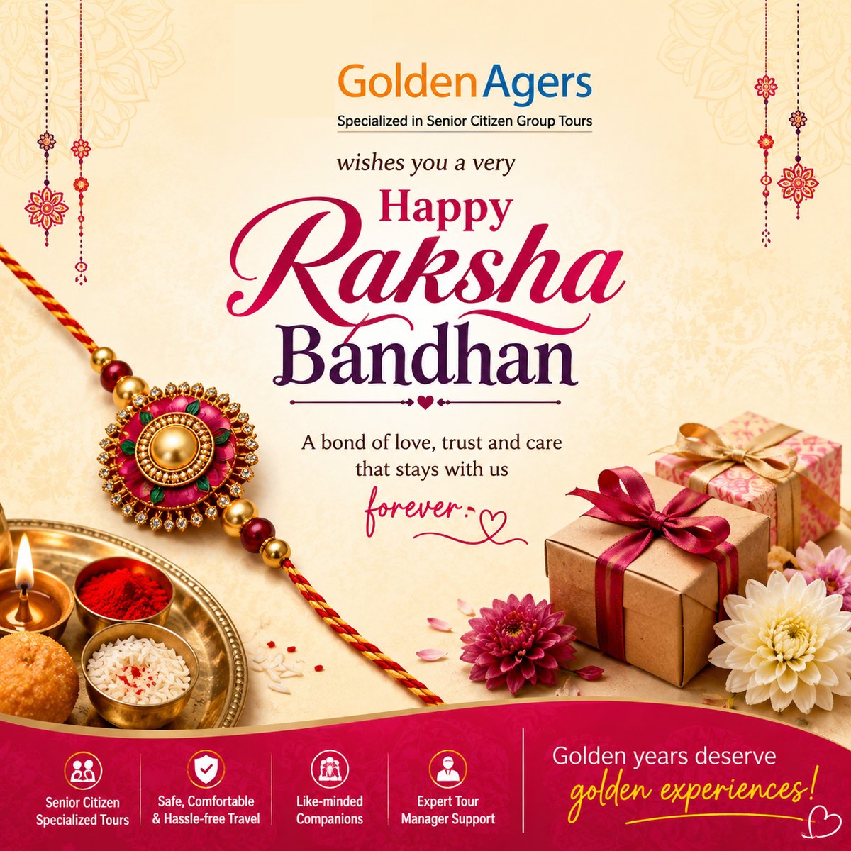 goldenagers1's tweet photo. Golden Agers wishes you a very Happy Raksha Bandhan! 💖
May the beautiful bond of brothers and sisters always be filled with love, laughter, care and countless cherished memories.
Celebrate the bond that makes life more beautiful! 🥰🎀
#HappyRakshaBandhan #GoldenAgers https://t.co/1oLlZSn07U