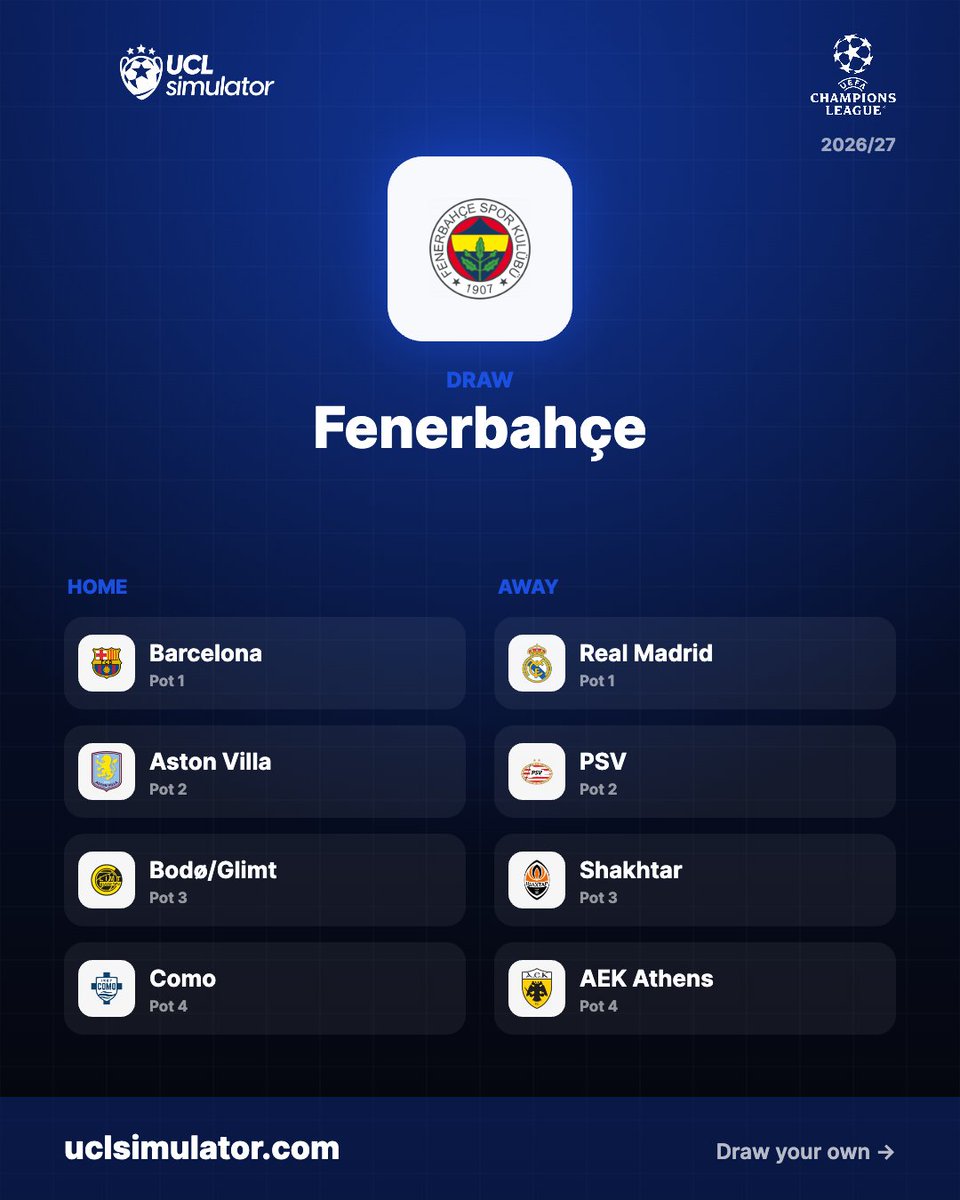 uclsimulator's tweet photo. @FCBayernTurkish 👀 Peki kura gerçekten böyle gelse?

Galatasaray veya Fenerbahçe için kendi Avrupa kupası kuranı çek, rakipleri gör ve sezonu simüle et:

👉 https://t.co/HVTTVRjCQb

Ücretsiz, kayıt yok. ⚽ https://t.co/WfzEI20id1