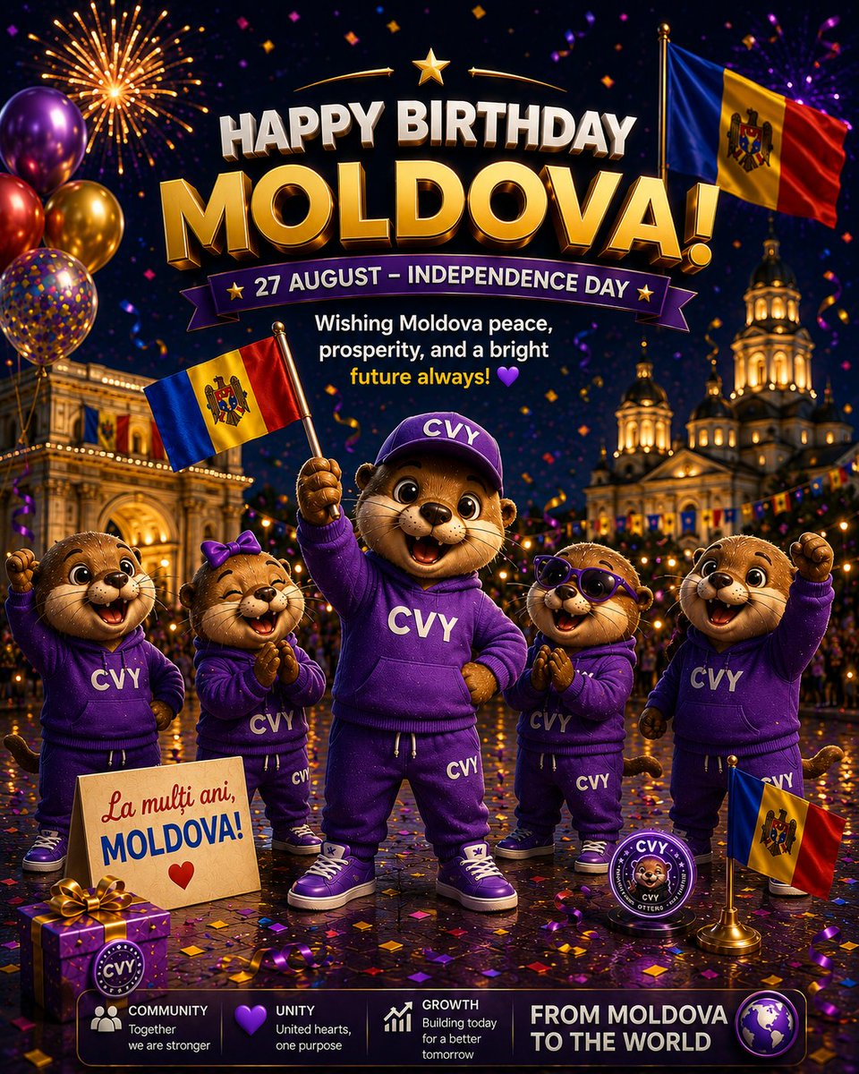 OttersOnSol's tweet photo. 🇲🇩💜 Happy Independence Day, Moldova! 🎉
Wishing Moldova peace, happiness &amp; prosperity! 🦦✨

Stronger Together — $CVY Otters 💜

#Moldova #CVY #CVYOtters #CryptoCommunity #HODL #Dyor #Memecoin #solana https://t.co/T5KzWQ8uGZ