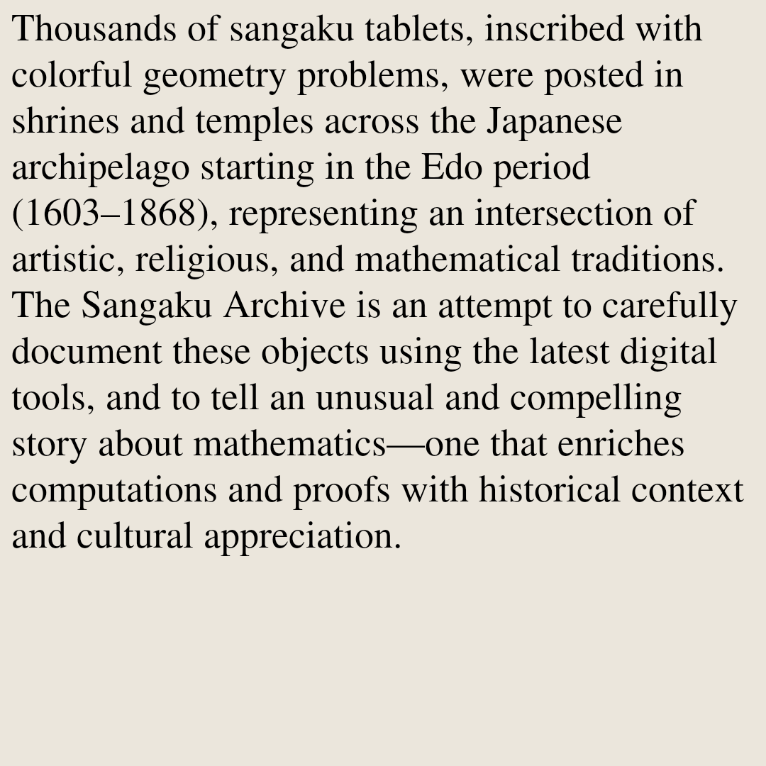HistoryOverview's tweet photo. Introducing the Sangaku Archive

David Clark
https://t.co/RvHRlu539U [𝚖𝚊𝚝𝚑.𝙷𝙾] https://t.co/HWePAB36Ez