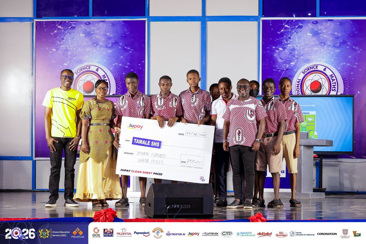 NSMQGhana's tweet photo. CNC AUDITORIUM:

End of Contest

Tamale SHS: 56 pts
St. Thomas Aquinas SHS: 35 pts
Edinaman SHS: 29 pts

Tamale SHS wins the Jupa Clean Sheet Award and secures a slot in the Quarter-final Stage! True or False is proudly sponsored by @jupayofficial - Jupa! Makers of Impact!

St. Thomas Aquinas SHS loses their seed. 

Congratulations to Tamale SHS! 

Round 5 is sponsored by @GOIL_Official 

#NSMQ2026 #NSMQOneEighth #Primetime