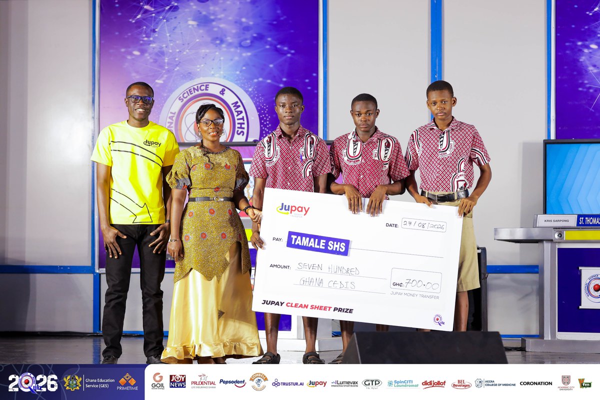 NSMQGhana's tweet photo. CNC AUDITORIUM:

End of Contest

Tamale SHS: 56 pts
St. Thomas Aquinas SHS: 35 pts
Edinaman SHS: 29 pts

Tamale SHS wins the Jupa Clean Sheet Award and secures a slot in the Quarter-final Stage! True or False is proudly sponsored by @jupayofficial - Jupa! Makers of Impact!

St. Thomas Aquinas SHS loses their seed. 

Congratulations to Tamale SHS! 

Round 5 is sponsored by @GOIL_Official 

#NSMQ2026 #NSMQOneEighth #Primetime