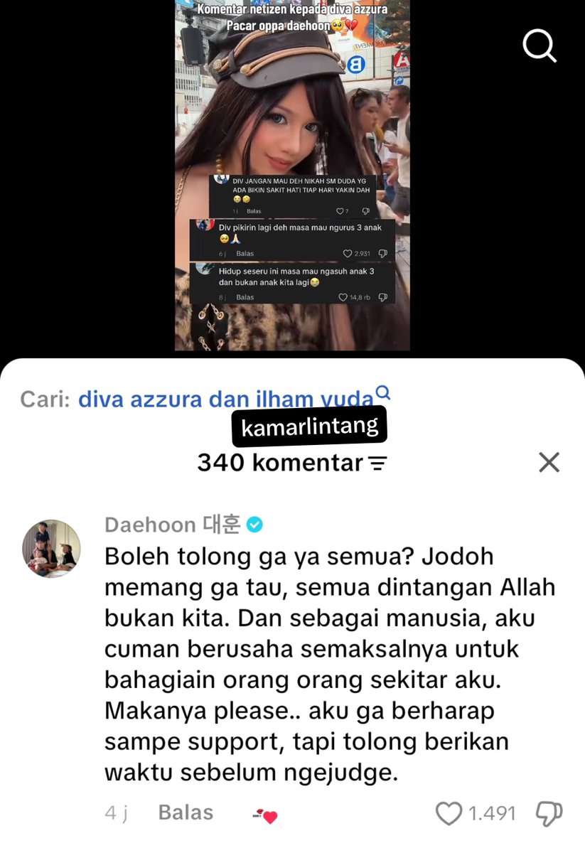 kamarlintang's tweet photo. Gilak, JAHAT banget komen netizen soal hubungan asmara Daehoon & Diva Azzura ~

Diva lagi diserbu para netizen yg minta sang influencer buat putus dari Daehoon.

Mereka bilang jangan mau nikah sama duda, apalagi yg udah punya 3 anak. Susah ngurusinnya.

Komentar jahat itu sampai dibaca Daehoon yg langsung ngerespons.

Daehoon bilang jodoh gak ada yg tahu. Meski netizen gak ngasih dukungan, mantan suami Jule itu minta buat gak asal nge-judge.