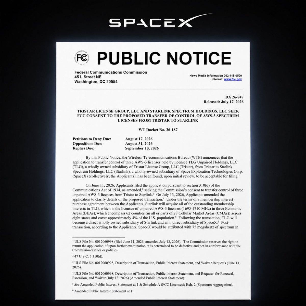 cb_doge's tweet photo. NEWS: SpaceX is seeking FCC approval to buy three additional AWS-3 spectrum licenses from Tristar.

The deal would expand Starlink Mobile’s direct-to-device spectrum footprint across 62 counties in eight states, helping fill gaps in SpaceX’s nationwide U.S. spectrum coverage. https://t.co/Hzqe2ckvCj