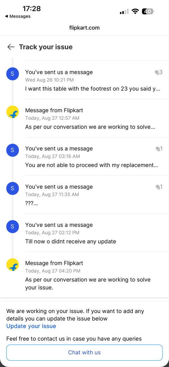 Sahil0790's tweet photo. Again, @flipkart is saying “we’re working on it” with no actual update or resolution. 🤦‍♂️

How long am I supposed to wait? This is not customer support. I need a clear update and a proper resolution, not the same copy-paste response every time @flipkartsupport #flipcart #scam https://t.co/SNYIOquXiU