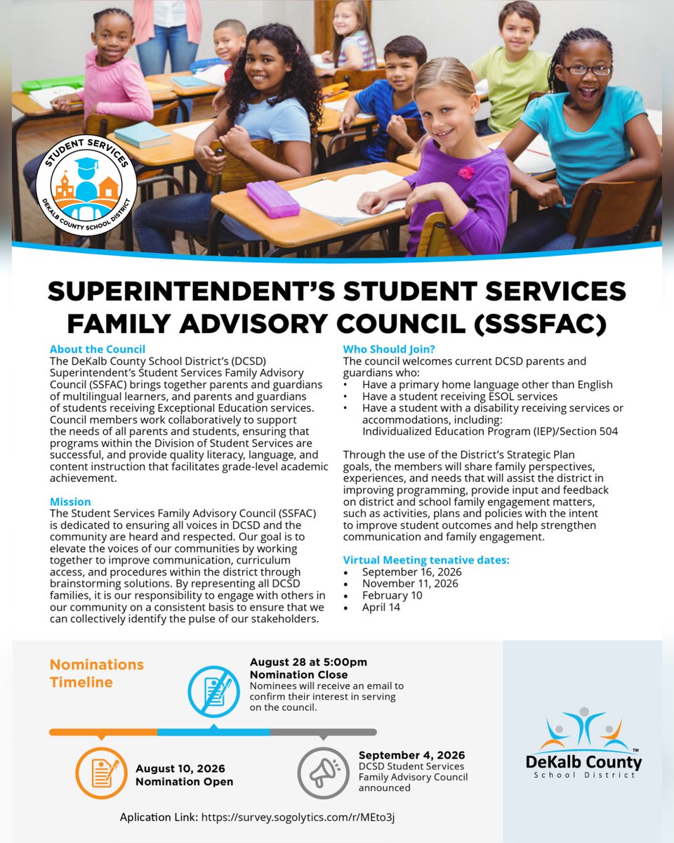 DeKalbSchools's tweet photo. 📣 #DCSD families: NOMINATIONS CLOSE TOMORROW for the Superintendent’s Student Services Family Advisory Council!

The council welcomes families of multilingual learners and students receiving ESOL, IEP, Section 504, or other Exceptional Education services.

🗓️ Apply by TOMORROW, Aug. 28 at 5 PM
🔗 https://t.co/Ud0xNHonvN

#TheDeKalbDifference💙🧡