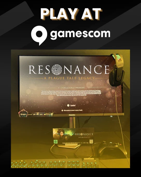 Gaming setup showcasing 'Resonance: A Plague Tale Legacy' on a widescreen monitor with a headset hanging on the side and a game box below.
