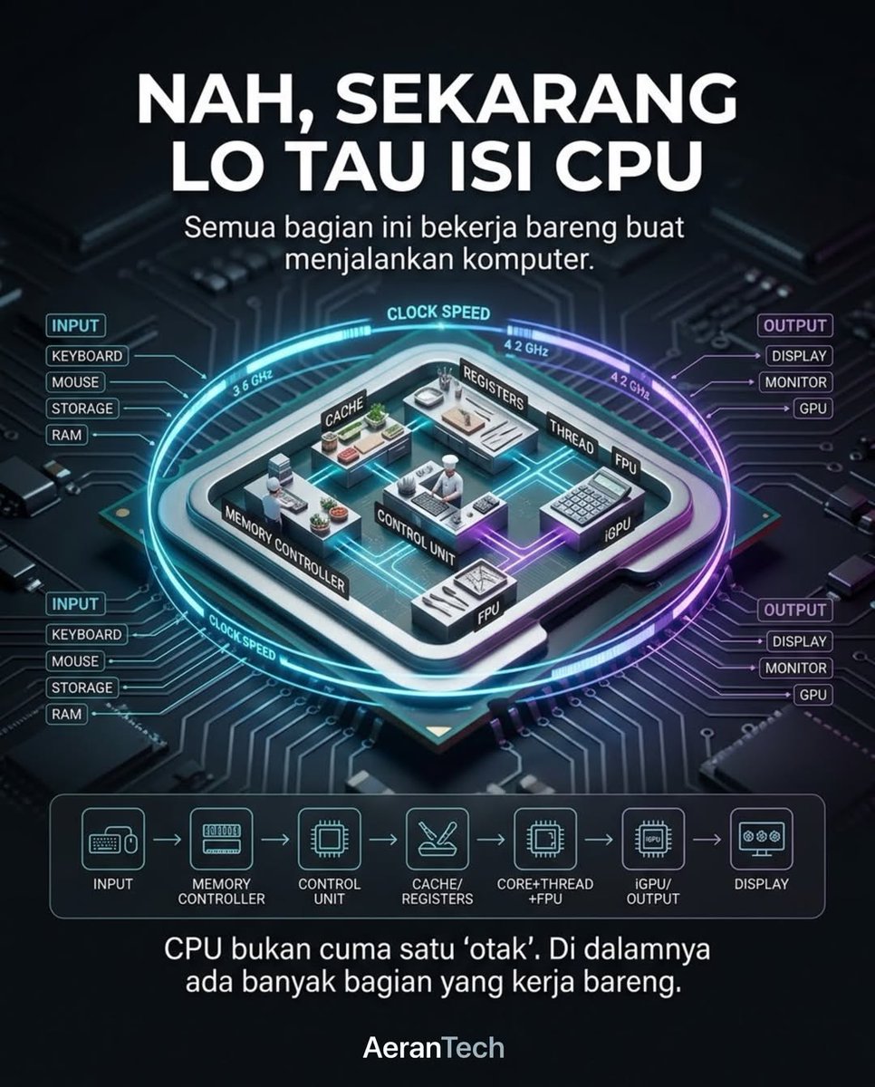 RichardSen7l5l's tweet photo. CPU kalo dijelasin pake rumus tebal mah bikin pusing. Gimana kalo kita bedah pake konsep dapur biar langsung nempel di otak? Swipe slide-nya dari awal sampe akhir, jamin kelar baca langsung paham anatomi ‘otak’ komputermu! Mana istilah CPU yang https://t.co/yGkOc19Sna