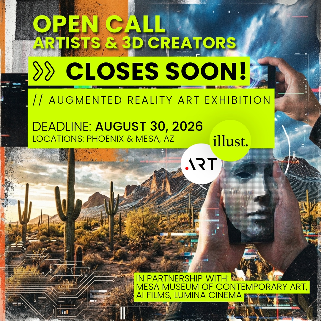 IllustSpace's tweet photo. DON´T MISS IT: ONLY 3 DAYS LEFT!
OPEN CALL FOR ARTISTS &amp; 3D CREATORS

// HYPERREALITY
DEADLINE: AUGUST 30th, 2026

We’re partnering with @MesaArtsCenter , @AI_film_3   , and Lumina Cinema during AI Film 3 fest to produce an augmented reality art exhibit.

More &amp; Link 🔽 https://t.co/ehhpzggaR5