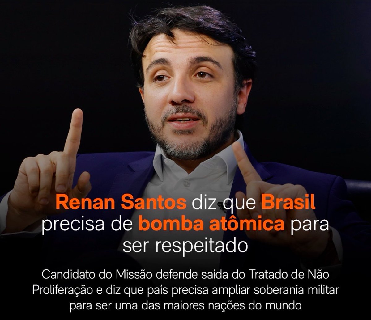 MARINESARALDI's tweet photo. Renan Santos diz que Brasil precisa de bomba atômica para ser respeitado.

O Brasil precisa mesmo de arm@s nucleares para ser respeitado no cenário internacional? https://t.co/kZgcFcNwUc