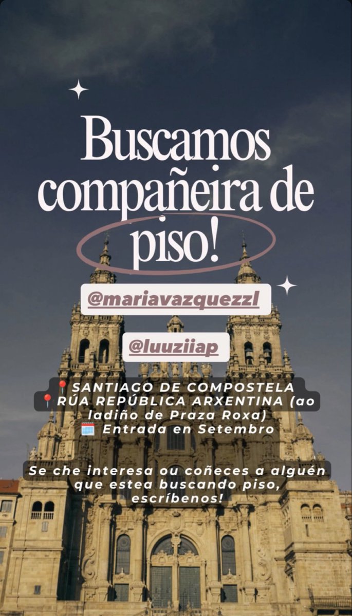 luziiaap's tweet photo. Buscamos compi de piso🧚🏻‍♀️
Se estás interesad@, buscas información ou coñeces a alguen que este buscando piso, falame por privado ou mandanos unha mensaxe por insta aos nomes que aparecen na imaxe. Agradecese difusión🪻🌸 https://t.co/iz8mAzriBF