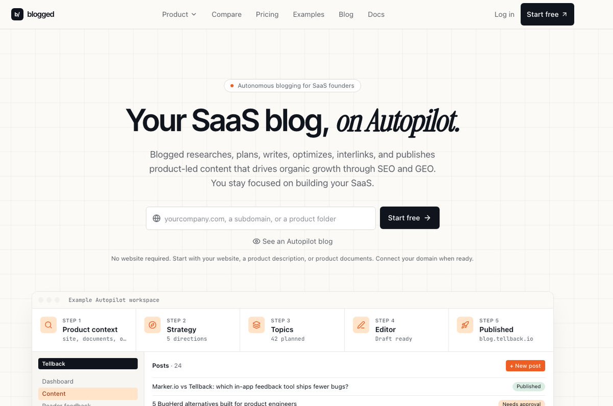 useBlogged's tweet photo. @Crowdreply_io Blogged researches, plans, writes, optimizes, interlinks, and publishes product-led content that drives organic growth through SEO and GEO. You stay focused on building your SaaS. https://t.co/Rgrn7RGI2W