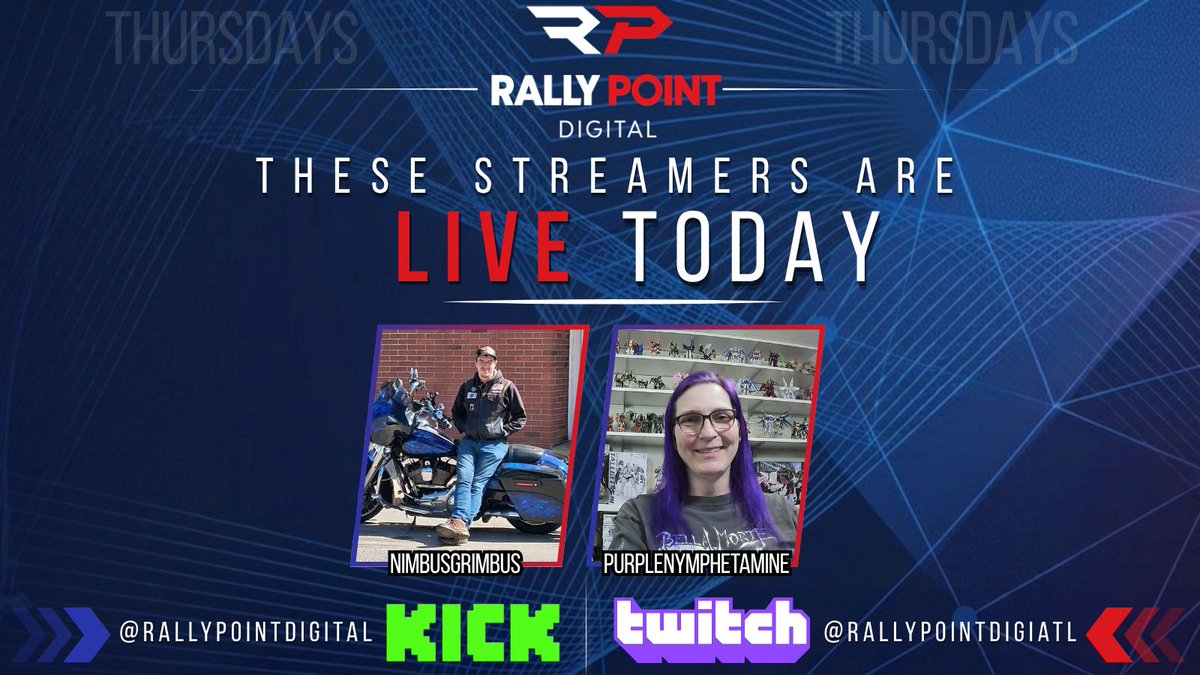 RallyPoint_HQ's tweet photo. Here's today's streaming lineup:

0900 EST — .@NimbusGrimbus

2000 EST — .@PurpleNymphetamine

Rally Together. Tune in. Support the squad. This is your Rally Point!
🔗 https://t.co/z316lPIEYE
🔗 https://t.co/fZKfdSSttI
#Twitch #Kick https://t.co/cUVvOilGAY