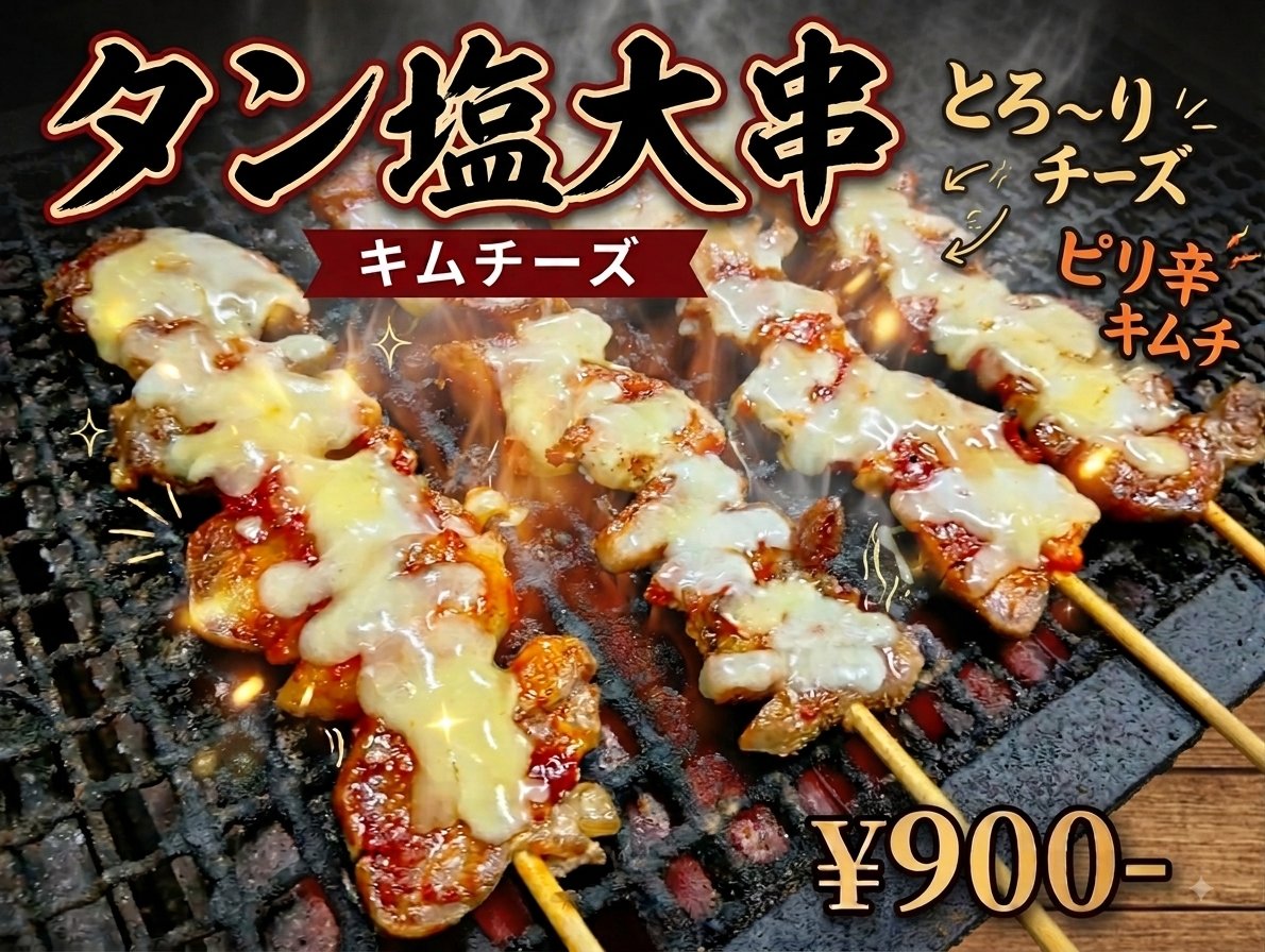 ssr24's tweet photo. 8.29韓国FES企画限定メニュー

タン塩大串　[キムチーズ］
※チーズがなくなり次第終了 https://t.co/5ipSkbHK5r