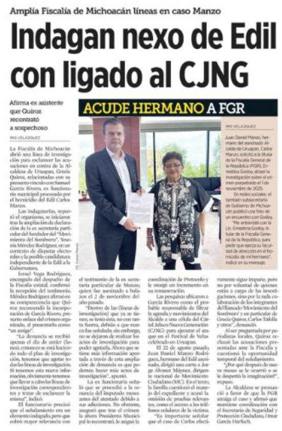 JJDiazMachuca's tweet photo. Buen día 😊☕

🚨 ¿VAN POR GRECIA QUIROZ PORQUE MORENA SABE QUE PODRÍA PERDER MICHOACÁN?

¡Qué casualidad! 🤨

La Fiscalía de Michoacán amplía las líneas de investigación por el asesinato de Carlos Manzo y ahora revisa la relación de Grecia Quiroz con Samuel “N”, señalado por presuntamente haber filtrado información sobre los movimientos del alcalde.

Una exasistente asegura que Grecia habría recomendado a Samuel para trabajar en el Ayuntamiento.

¿Eso demuestra que Grecia conociera alguna actividad criminal?

NO.

¿Existe hasta ahora una prueba pública que vincule a Grecia con el asesinato de Carlos Manzo?

NO.

Pero en el Michoacán gobernado por Alfredo Ramírez Bedolla (@ARBedolla) y Morena (@PartidoMorenaMx), su nombre ya aparece dentro de una nueva línea de investigación.

Y aquí es donde la cosa empieza a oler demasiado a política.

¿REALMENTE VAN TRAS LA VERDAD…

O ESTÁN PREPARANDO EL TERRENO PARA ACABAR POLÍTICAMENTE CON GRECIA QUIROZ?

Porque Morena sabe perfectamente que el movimiento construido alrededor de Carlos Manzo representa una amenaza electoral en Michoacán.

Y Grecia podría convertirse en un problema muy serio para ellos.

Qué conveniente sería llegar a la elección con la principal adversaria políticamente debilitada y bajo sospecha. ¿No? 🍿

Que la Fiscalía investigue TODO.

Pero que presente PRUEBAS.

Porque una cosa es esclarecer quién asesinó a Carlos Manzo y quién ayudó a hacerlo.

Y OTRA MUY DISTINTA SERÍA UTILIZAR EL CASO MANZO PARA QUITAR DEL CAMINO A QUIEN PODRÍA QUITARLE MICHOACÁN A MORENA.

Piensa mal y acertarás.