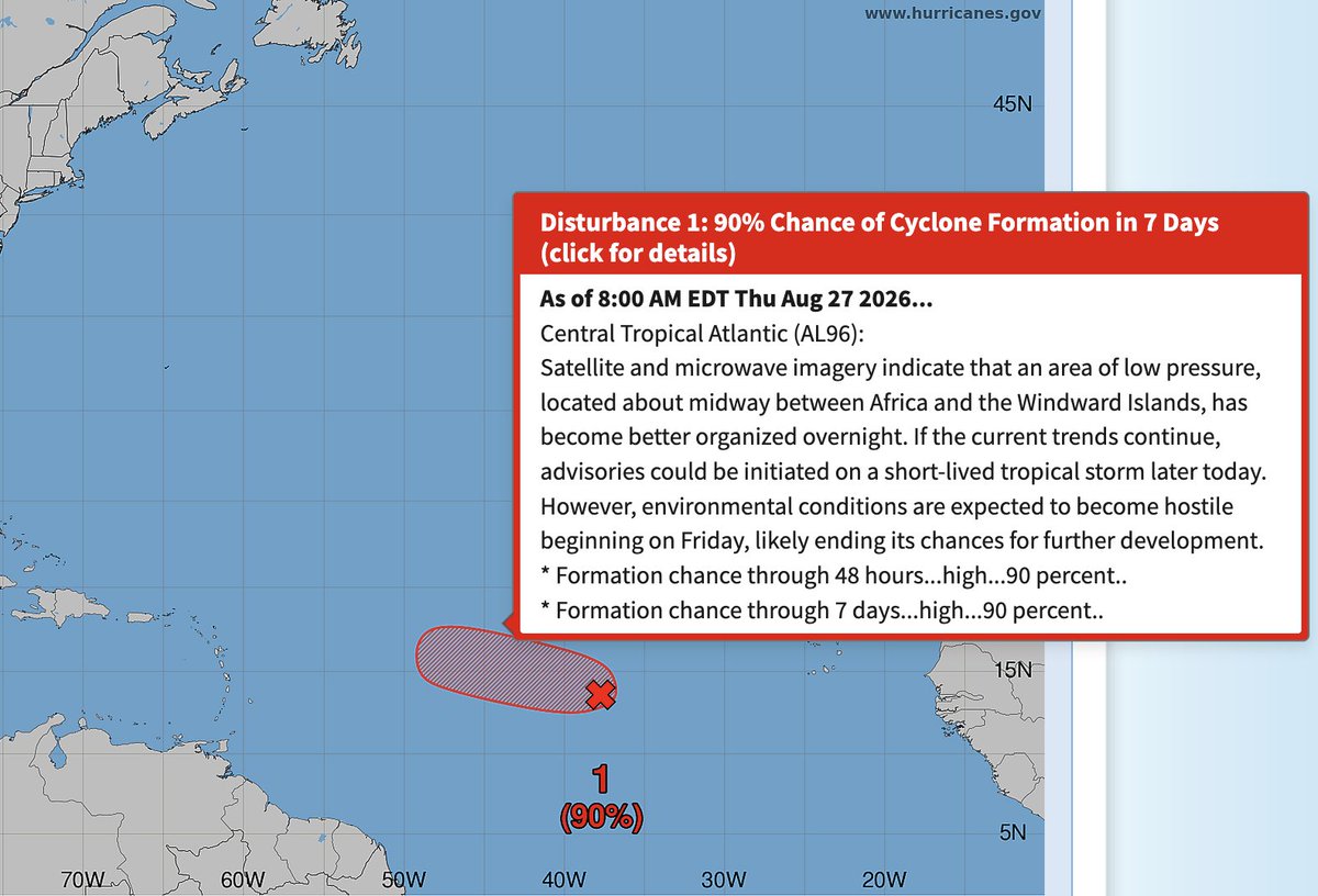 JohnMoralesTV's tweet photo. Esta depresión o tormenta debe formarse hoy. Pero anticipo un cono tuco. Las condiciones en el Atlántico al este del Caribe se tornarán hostiles para la supervivencia de cualquier ciclón tropical a partir de mañana viernes. Mantengo esperanza d que su remanente pueda traer lluvia https://t.co/dx29R60FsN