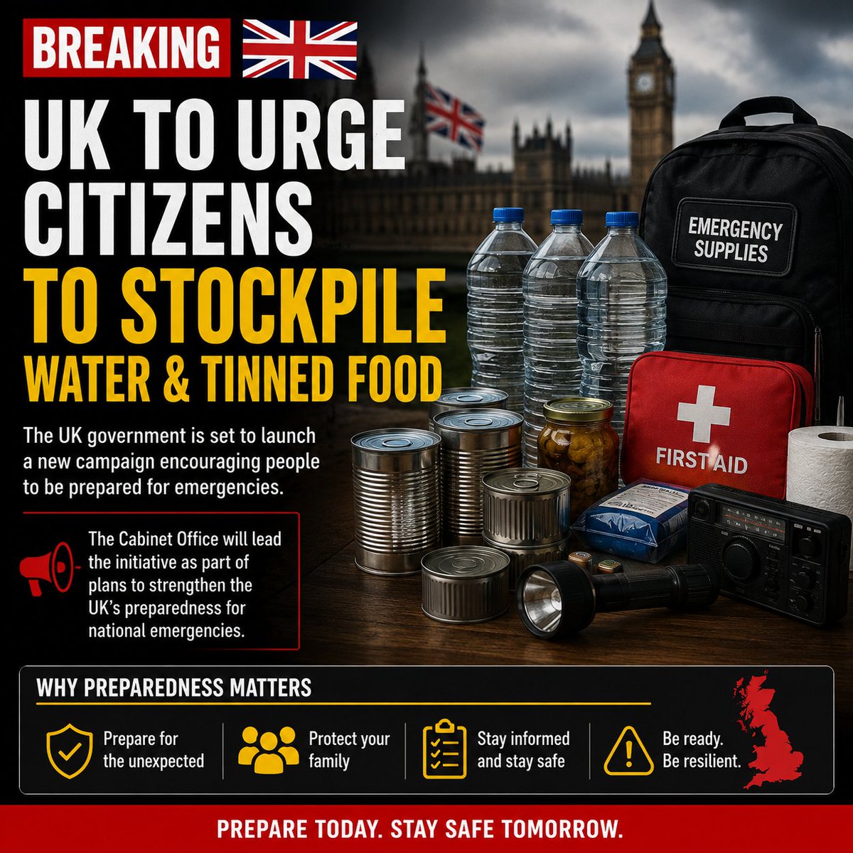 Om20_26's tweet photo. 🚨 UK Urges Citizens To Prepare For Emergencies

🇬🇧 The British government is reportedly preparing a nationwide campaign encouraging people to keep essential supplies such as water, canned food and emergency kits at home. https://t.co/kOPp5NHc6R