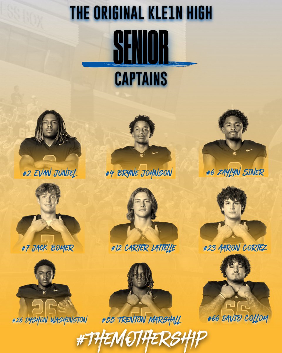 KleinFootball25's tweet photo. Congratulations to our 2026-27 Team Captains @CarterLattelle @Trent_Marshall1 @JrDyshon @ZaylynSiner11 @davidcollom2027 @Bryne101 @Jackbomer80 @Aaronjcortez1 @EvanJuniel #TheMothersh1p https://t.co/ia0UpaDZ5R