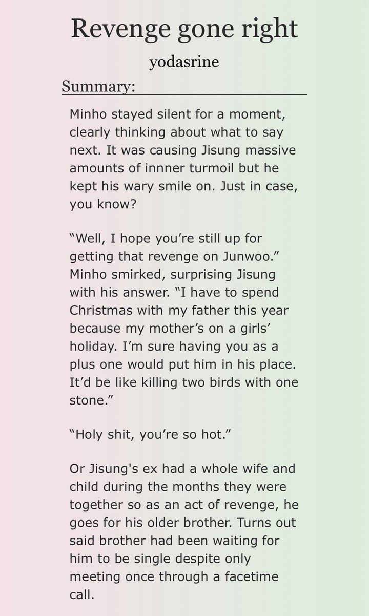 xhyorina's tweet photo. Revenge gone Right
https://t.co/gd3uFsxIN9

⟢․⁺┆ #minsung
⟢․⁺┆11.5k words
⟢․⁺┆Explicit
⟢․⁺┆Tags in replies https://t.co/lmF0BY0nyC