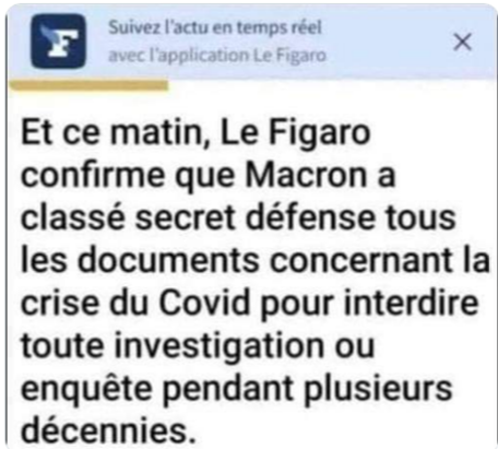 AdamGirard1990's tweet photo. 🚨 Démocratie??? Le Figaro confirme Macron a classé secret défense tous les docs Covid! 😡
Plus d'enquête pendant des décennies! Conseil de défense, bloc-notes secret, docs détruits! Voilà leur transparence! On cache quoi? Pfizer?  💥 https://t.co/FSUaUn9JOg