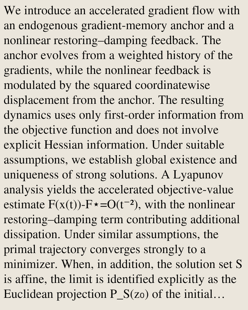 MathOCPapers's tweet photo. Accelerated Gradient Flow with Endogenous Gradient-Memory Anchor: Selection and Restoring Damping

Chinedu Izuchukwu, Ernest Obini, Jen-Chih Yao, Shengda Zeng
https://t.co/0qVY0yiUFp [𝚖𝚊𝚝𝚑.𝙾𝙲] https://t.co/zTjO9bkqI9