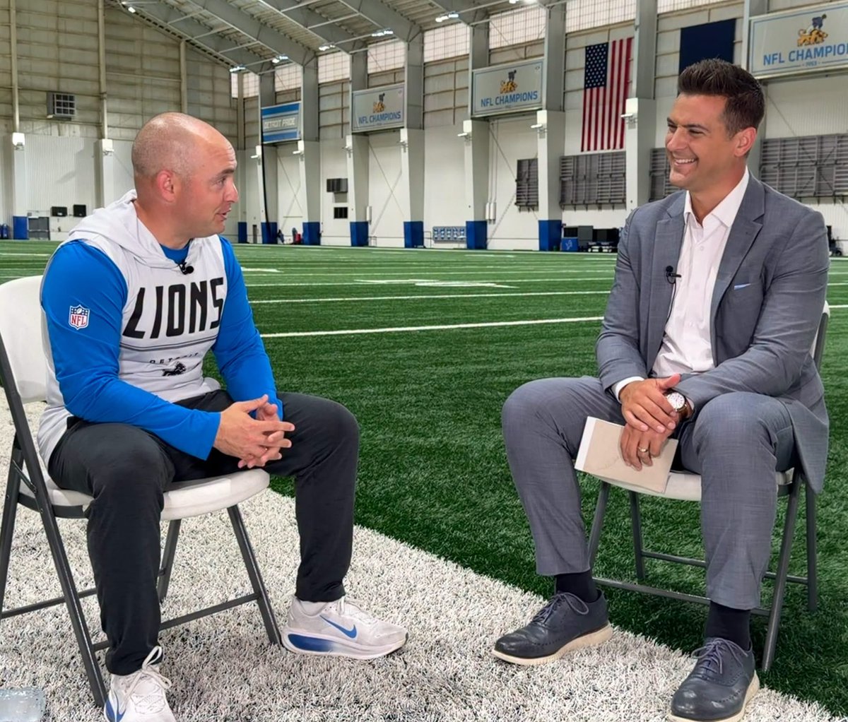 BradGalli's tweet photo. Lions offensive coordinator Drew Petzing joins me to talk one-on-one in the newest episode of The Brad Galli Show.
Watch it on YouTube & Facebook, and listen where you get podcasts ▶️ https://t.co/7MiqITfmFq
Petzing is the third Lions offensive coordinator in as many seasons, and the team’s fourth play-caller over that same timespan. He aims to provide stability and creativity to make the offense thrive again.
Jahmyr Gibbs having MVP abilities? He knows that. Loves that. He also admires the way all the talented players in the Lions offense compete for touches. The father of two young kids quickly fell for Detroit’s food scene, too.