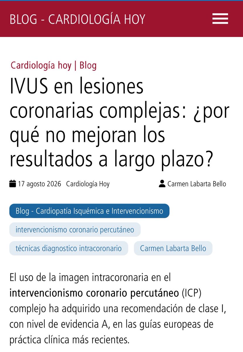 carmen_labarta's tweet photo. .@carmen_labarta: “El IVUS-CHIP no es el fracaso de un estudio neutro: en la ICP de moderada complejidad, el IVUS aporta poco frente a la experiencia del operador y una técnica rigurosa". #BlogSEC @jovenesSEC https://t.co/5NtM5wmBWT https://t.co/F8UAHNuoAE