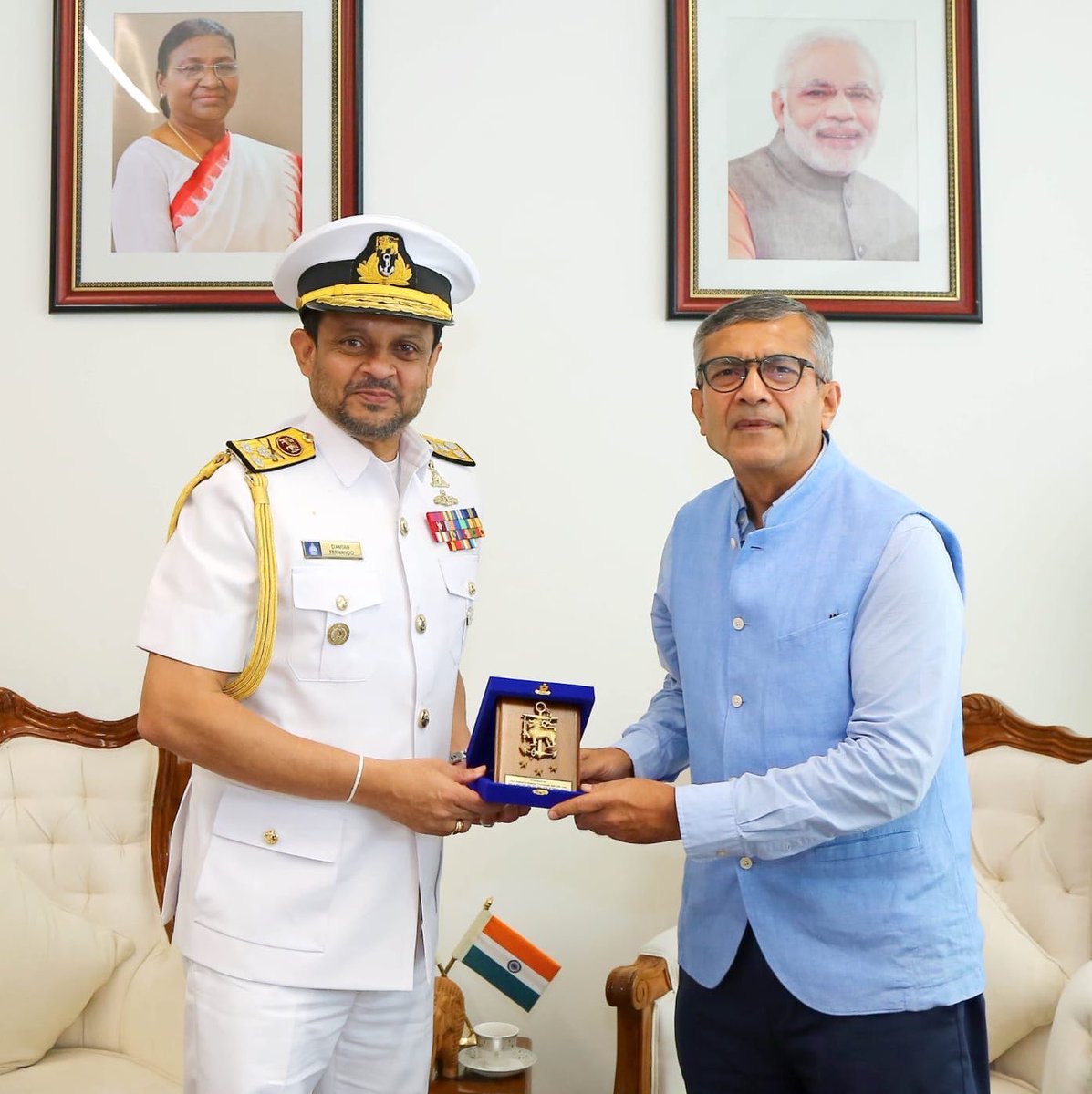 SpokespersonMoD's tweet photo. Commander of the Sri Lankan Navy, Vice Admiral Damian Fernando paid a courtesy call on Defence Secretary Shri Rajesh Kumar Singh in New Delhi on August 27, 2026. The two sides reviewed activities and projects under the Bilateral Defence Cooperation Plan and reaffirmed their commitment to further strengthening bilateral defence cooperation in areas of mutual interest. Vice Admiral Damian Fernando is on a three-day official visit to India.

@SLinIndia 
@IndiainSL 
@MEAIndia