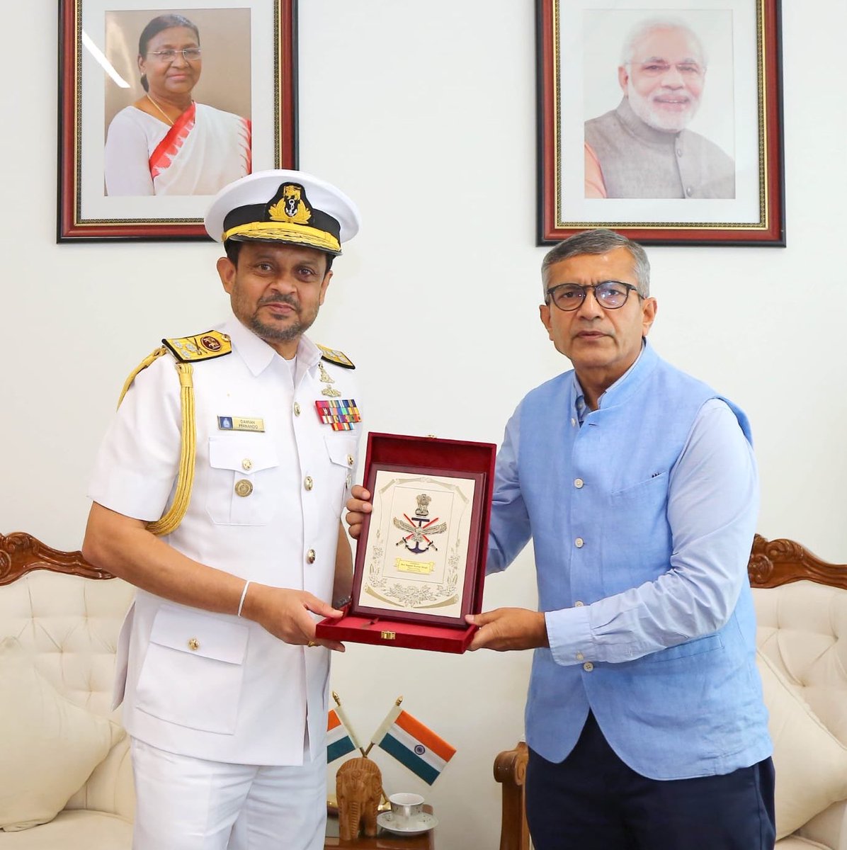 SpokespersonMoD's tweet photo. Commander of the Sri Lankan Navy, Vice Admiral Damian Fernando paid a courtesy call on Defence Secretary Shri Rajesh Kumar Singh in New Delhi on August 27, 2026. The two sides reviewed activities and projects under the Bilateral Defence Cooperation Plan and reaffirmed their commitment to further strengthening bilateral defence cooperation in areas of mutual interest. Vice Admiral Damian Fernando is on a three-day official visit to India.

@SLinIndia 
@IndiainSL 
@MEAIndia