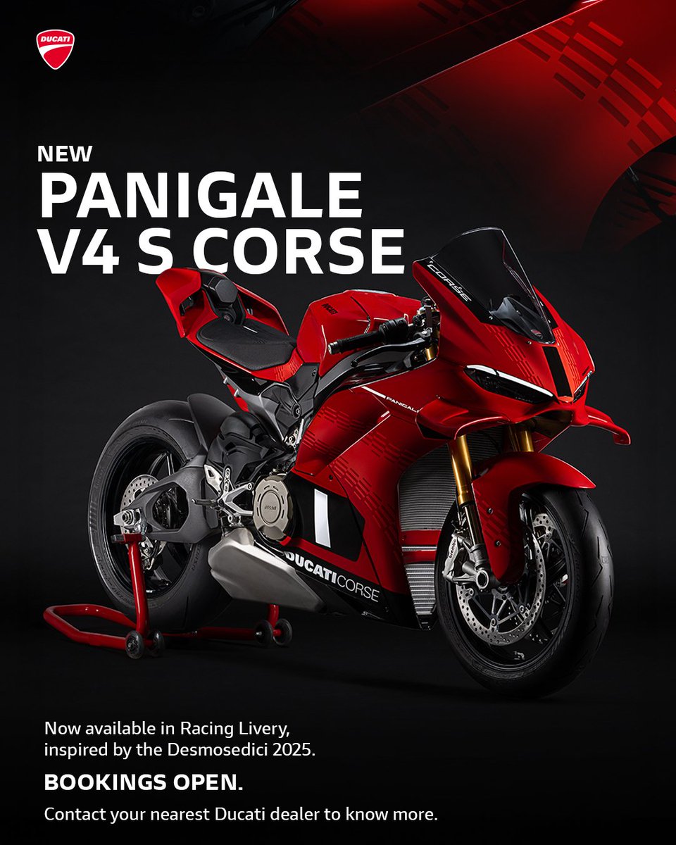 Ducati_India's tweet photo. Precision engineered. Racing soul breathed into every line.

Born from racing ambition, the Panigale V4 S Corse wears the colours of Borgo Panigale’s finest.

Bookings are now open.

Limited units available.

#PanigaleV4 #DucatiCorse #DucatiIndia #Ducati https://t.co/Otp5bsSbgt