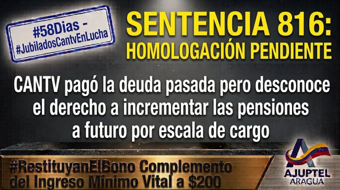 MarcoCeballo's tweet photo. #27Ago #60Dias Cumplir la ley es Obligación: los #JubiladosCantvEnLucha Exigimos la Ejecución de la Sentencia 816. A #59Dias de Acción, Requerimos que #RestituyanElBono Complemento del Ingreso Mínimo Vital a $200 @ContactoCantv_ @Norbey_Marin_ @EfectoCocuyo @MiguelContigo @NTN24 https://t.co/qZWdKrPJqG