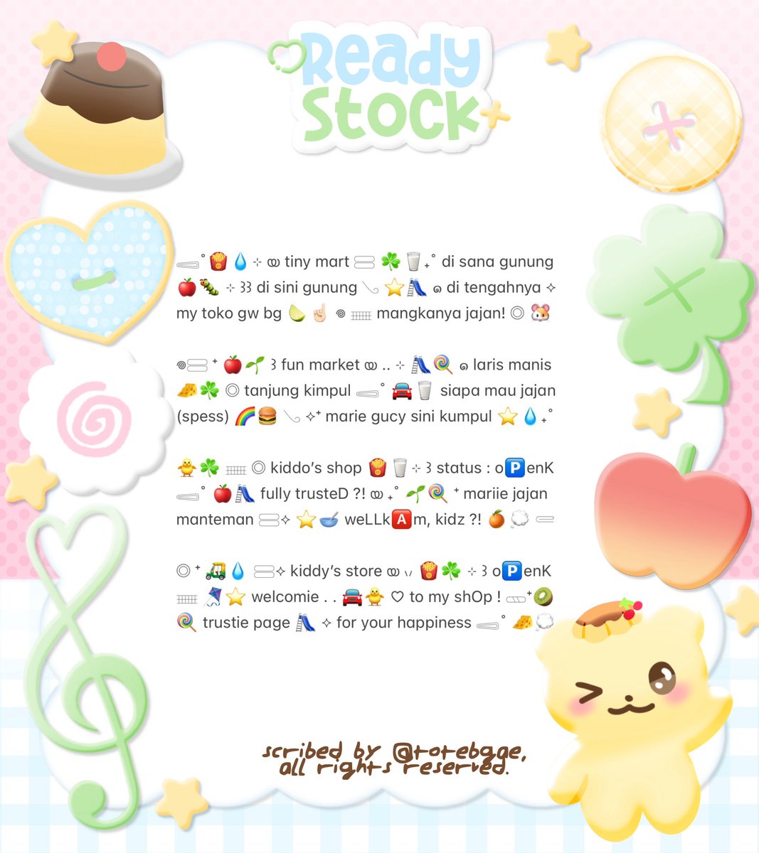 totebgae's tweet photo. mind to help rt? thanks a lot! ♡

👛🍦 𖦹 ⊹ . . nighty, heavenlings! 𓈃 🌸🥛 ˚ ⸝⸝ aku punya 8 wording bio untuk BA ꔛ 🧺⭐️ ⊹ 𓂅 dengan prici : Rp3.500! 𓈄 ˚ 🍮🥣 check ALT for more details &amp;&amp; @ me after dm! ୨୧ 🎀🍀

⠀⠀⠀🧸 —— : : #bealanja https://t.co/lVm3K6tFPh