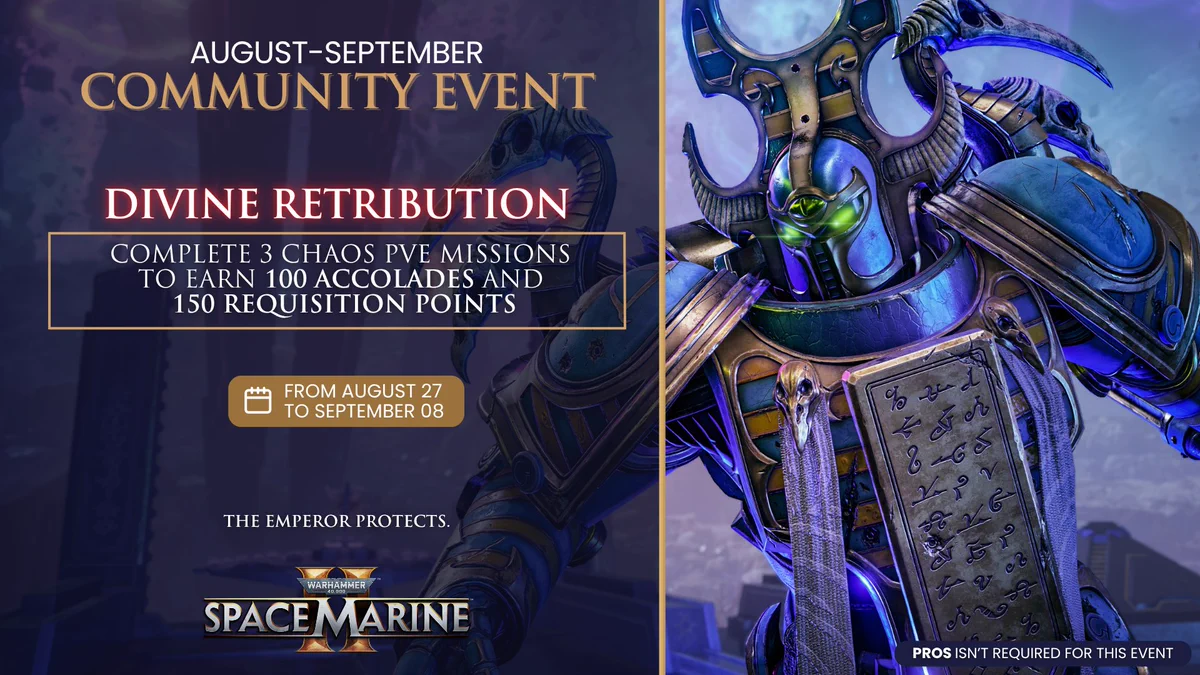 Warhammer 40K Space Marine event poster featuring a Chaos warrior and details about the Divine Retribution PvE missions from August 27 to September 8.
