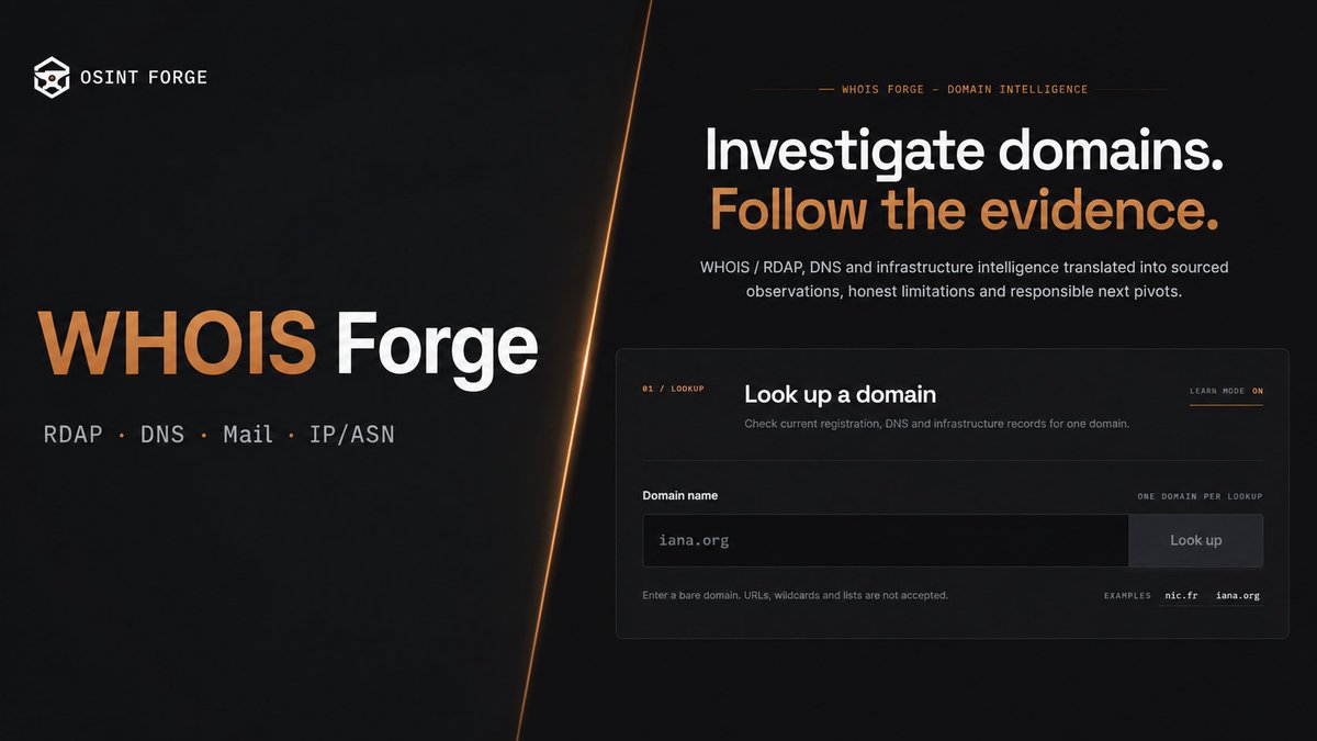 osint_forge's tweet photo. A domain gives you clues, not an identity. 🔎

WHOIS Forge is now live

RDAP, DNS, mail and IP/ASN data become sourced observations, with clear limitations and responsible investigation pivots

https://t.co/P2Ef6S8oqx

#OSINT https://t.co/VMot9oahhg