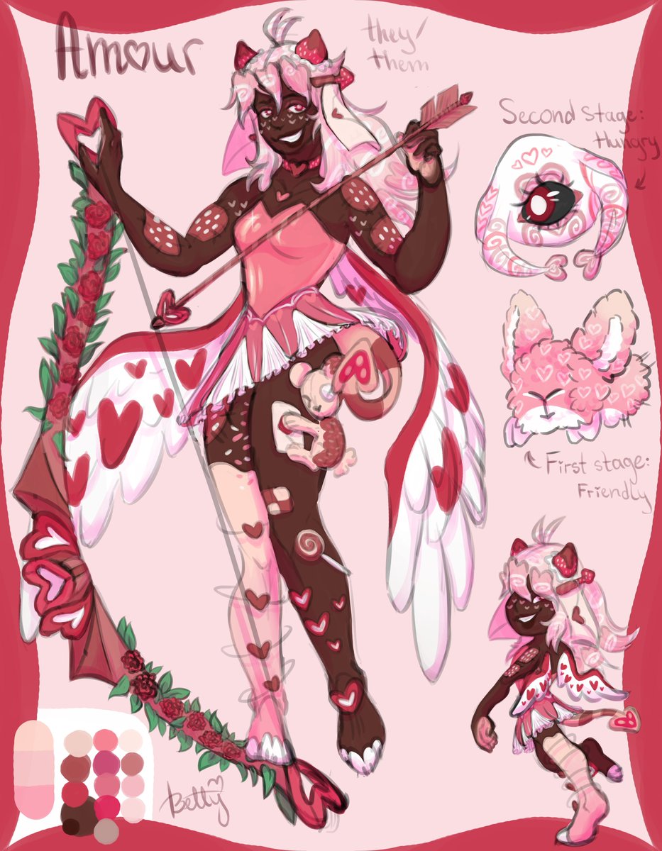 Betty0bee's tweet photo. Reference sheet for a cupid like character! They requested a bow and arrow and i gave them just that! Another ref for the same person coming soon! :3 #oc #cute #cupid #referencesheet  #pink #strawberry https://t.co/dUutVVam3L
